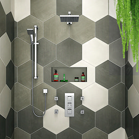 Milan Square Triple Shower Package with Diverter Valve, Head, 4 Body Jets + Slider