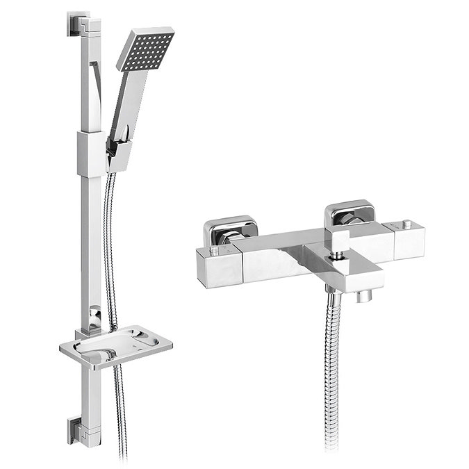 Milan Square Wall Mounted Thermostatic Bath Shower Mixer Tap + Shower Rail Kit Large Image