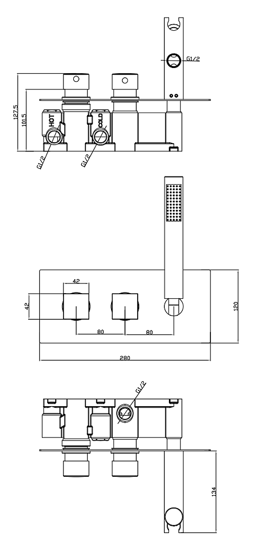 Milan Square Wall Mounted Thermostatic Shower Valve with Handset + 300mm Fixed Shower Head