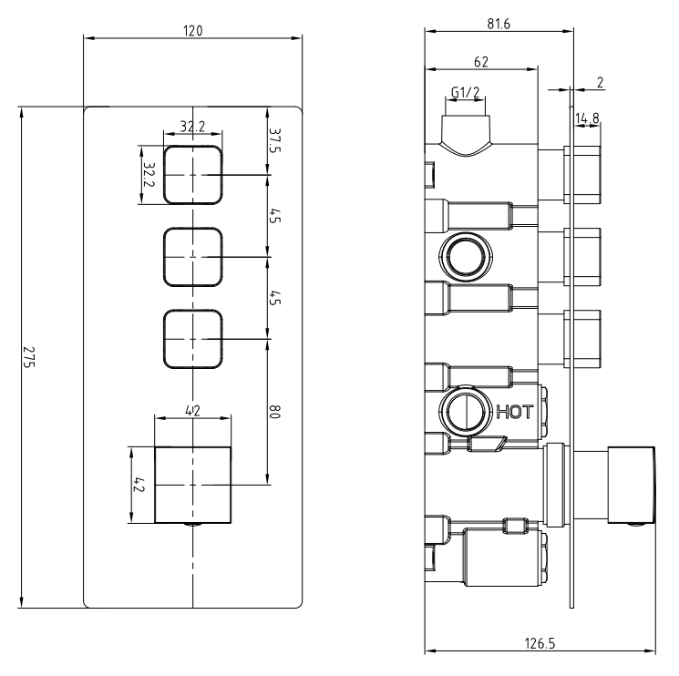 Milan Triple Modern Square Push-Button Shower Valve with 3 Outlets