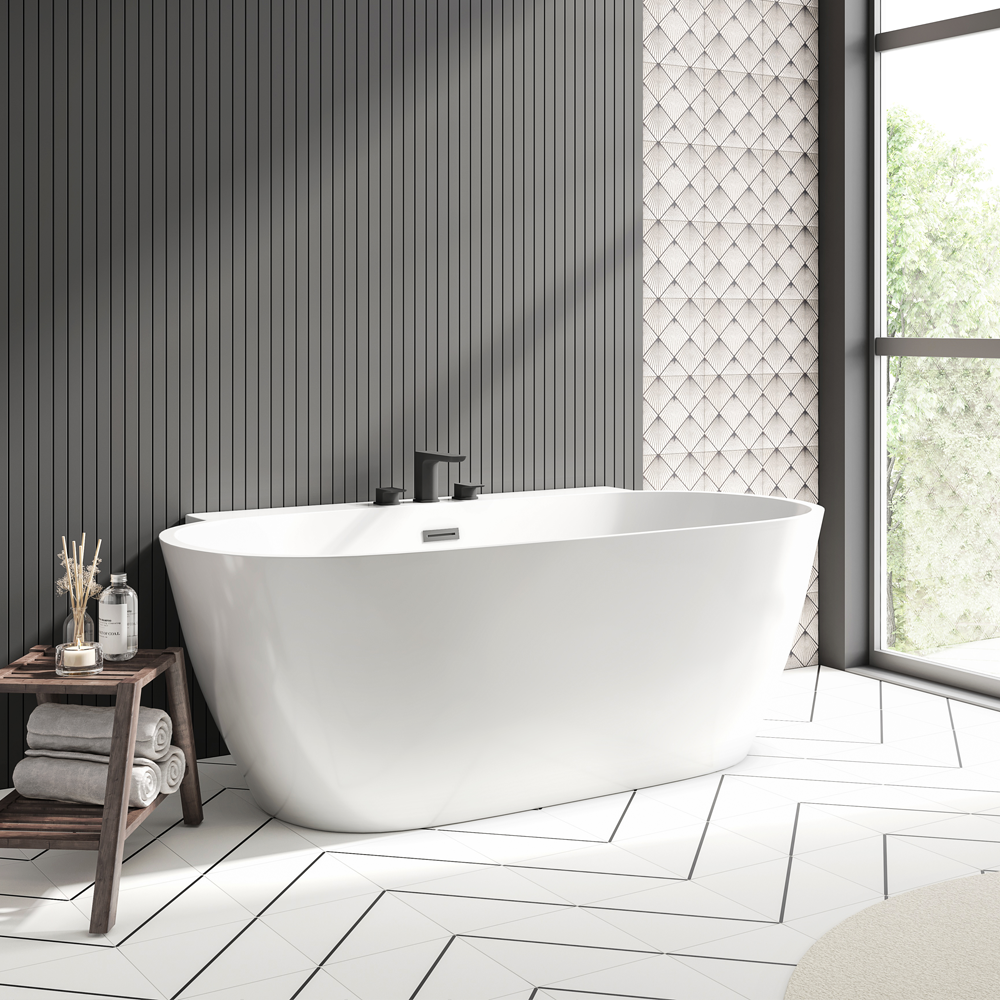 Mileto 1500 x 770 Curved Back to Wall Modern Bath with Chrome Waste ...