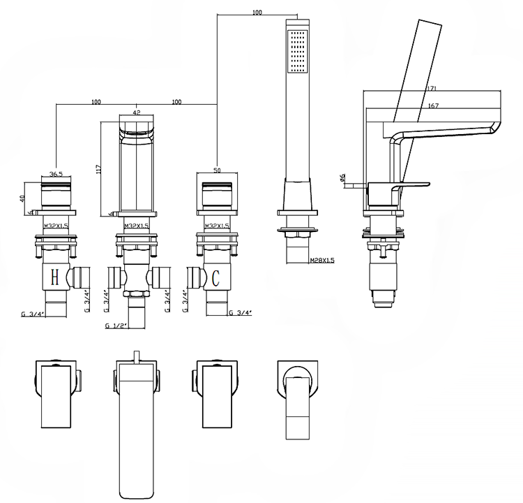 Mileto Brushed Brass Deck Mounted (4TH) Bath Shower Mixer Tap inc. Shower Kit