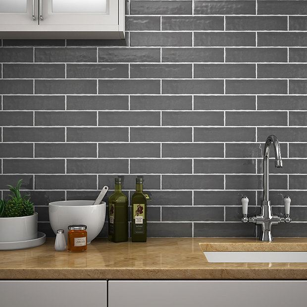 Mileto Brick Grey Gloss Ceramic Wall Tile - 75 x 300mm  Standard Large Image