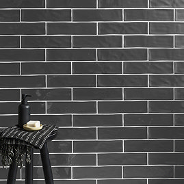 Mileto Brick Grey Gloss Ceramic Wall Tile - 75 x 300mm