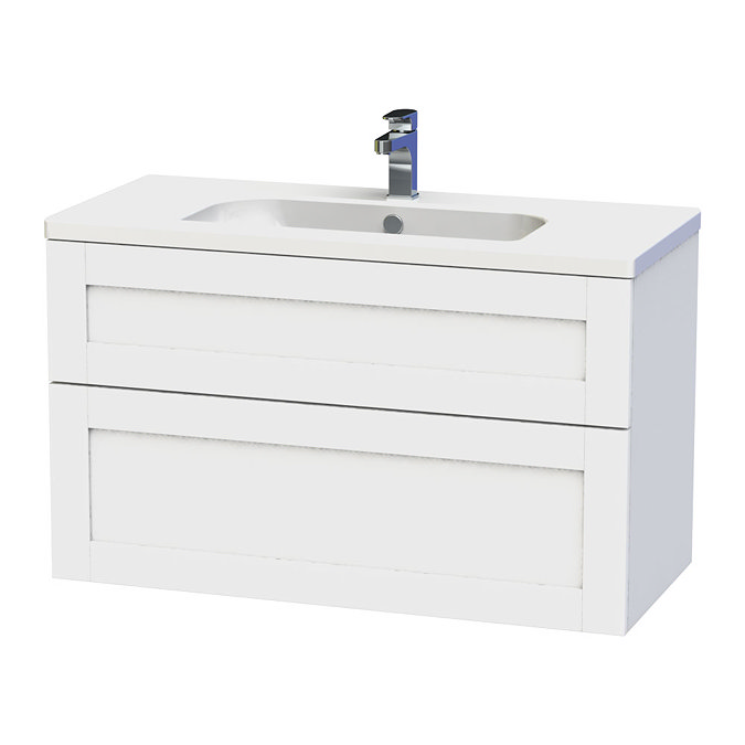Miller - London 100 Wall Hung Two Drawer Vanity Unit with Ceramic Basin - White Large Image