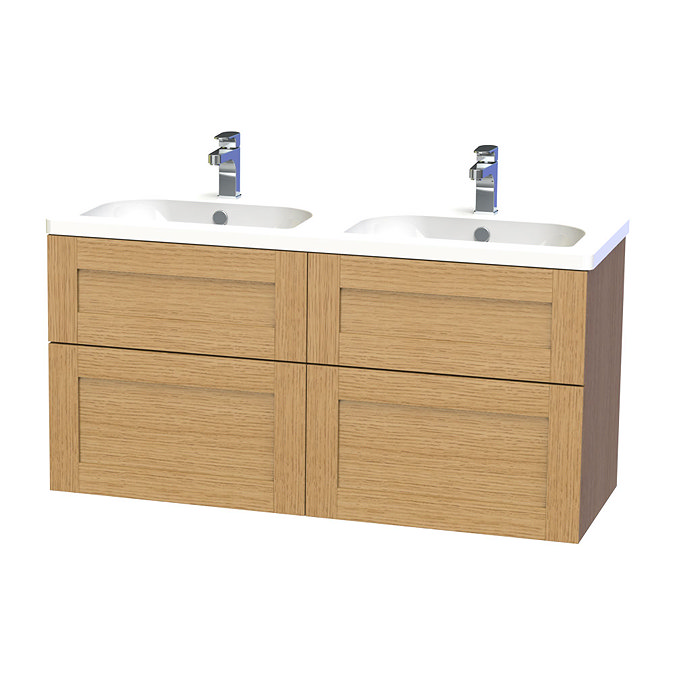 Miller - London 120 Wall Hung Four Drawer Vanity Unit with Double Ceramic Basin - Oak Large Image