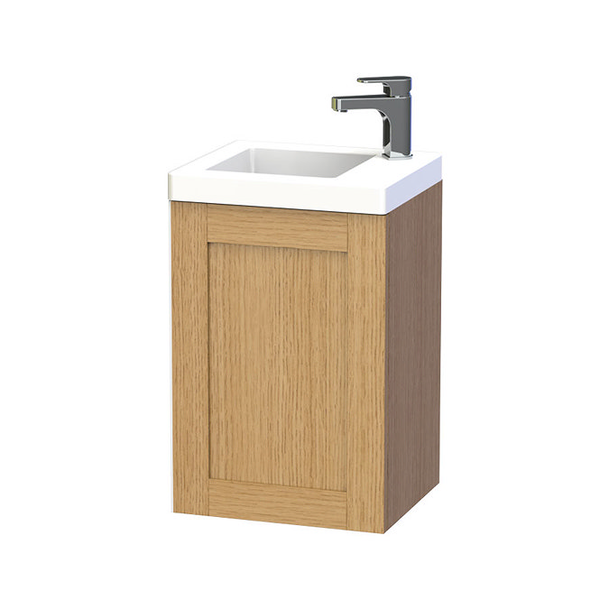 Miller - London 40 Wall Hung Single Door Vanity Unit with Ceramic Basin - Oak Large Image