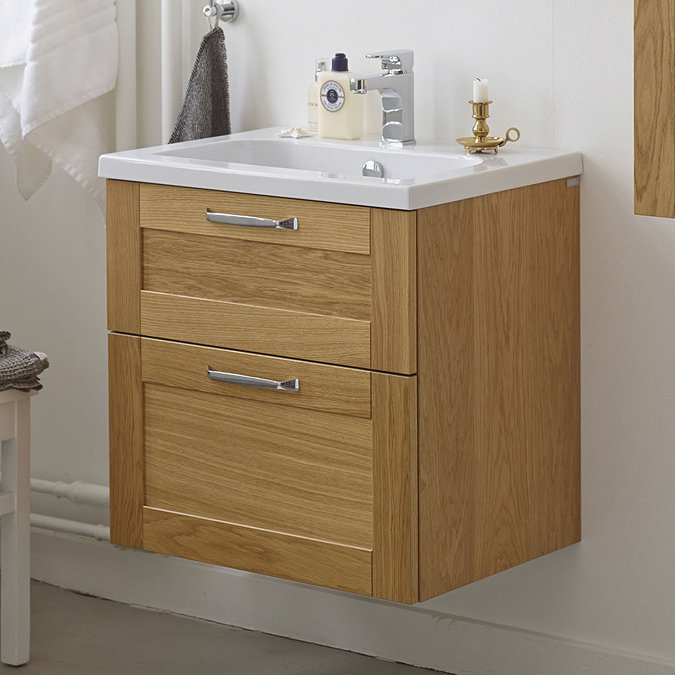 Miller - London 60 Wall Hung Two Drawer Vanity Unit with Ceramic Basin - Oak Standard Large Image