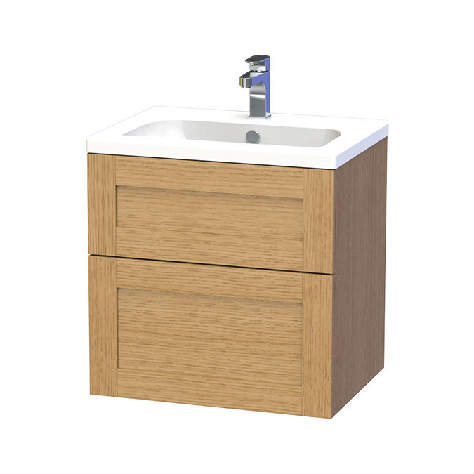 Miller - London 60 Wall Hung Two Drawer Vanity Unit with Ceramic Basin - Oak Large Image