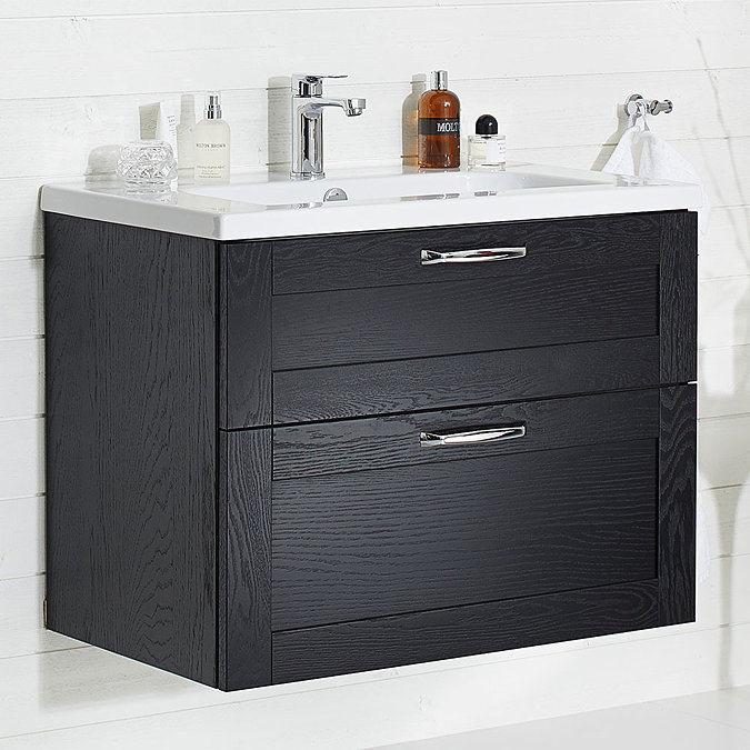 Miller - London 80 Wall Hung Two Drawer Vanity Unit with Ceramic Basin - Oak additional Large Image