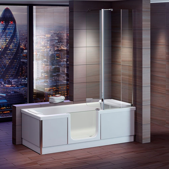 Milton Luxury Walk In 1700mm Bath inc. Screen, Fold Down Seat, Front + End Panels Large Image