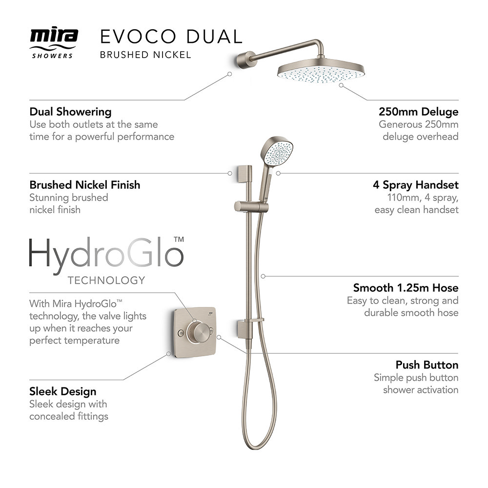 Mira Evoco Dual Outlet Brushed Nickel Thermostatic Mixer Shower - 1.1967.004 Newest Large Image