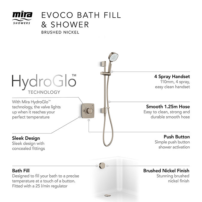 Mira Evoco Dual Outlet Brushed Nickel Thermostatic Mixer Shower with Bathfill - 1.1967.008  Newest L