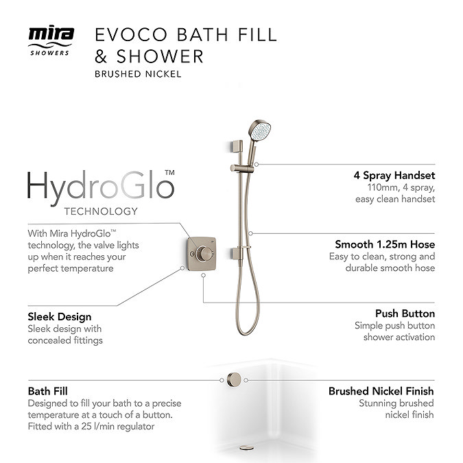 Mira Evoco Dual Outlet Brushed Nickel Thermostatic Mixer Shower with Bathfill - 1.1967.008 Newest L