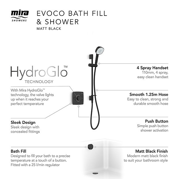 Mira Evoco Dual Outlet Matt Black Thermostatic Mixer Shower with Bathfill - 1.1967.007  Newest Large