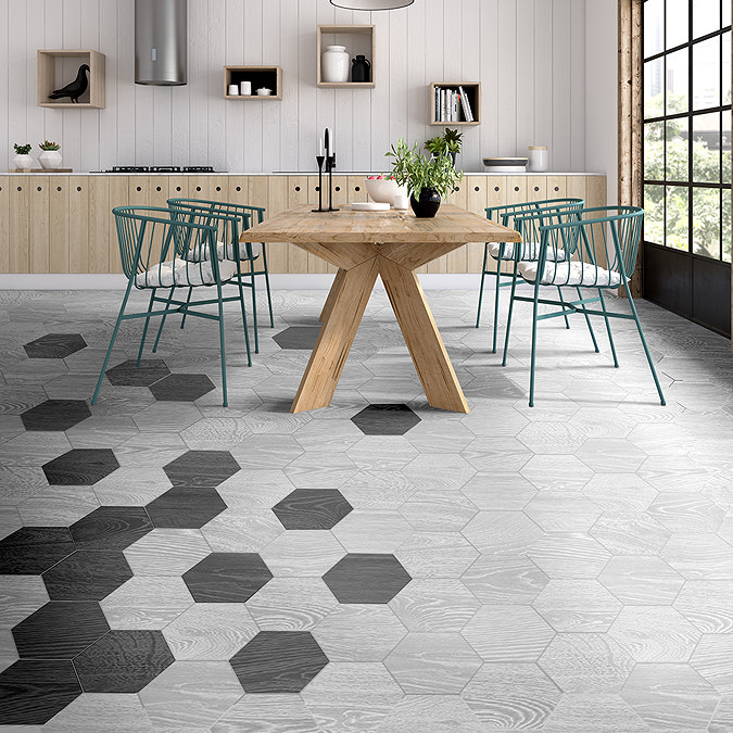 Missouri Hexagon Grey Oak Wood Effect Tiles - 200 x 240mm