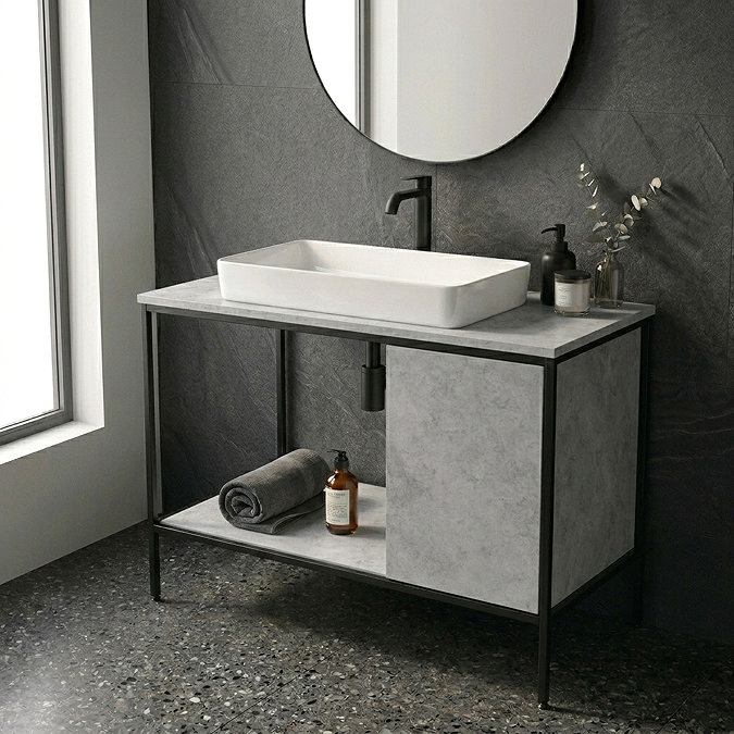 Mode Bergne 812mm Concrete Grey Washstand & Gloss White Slim Basin Set