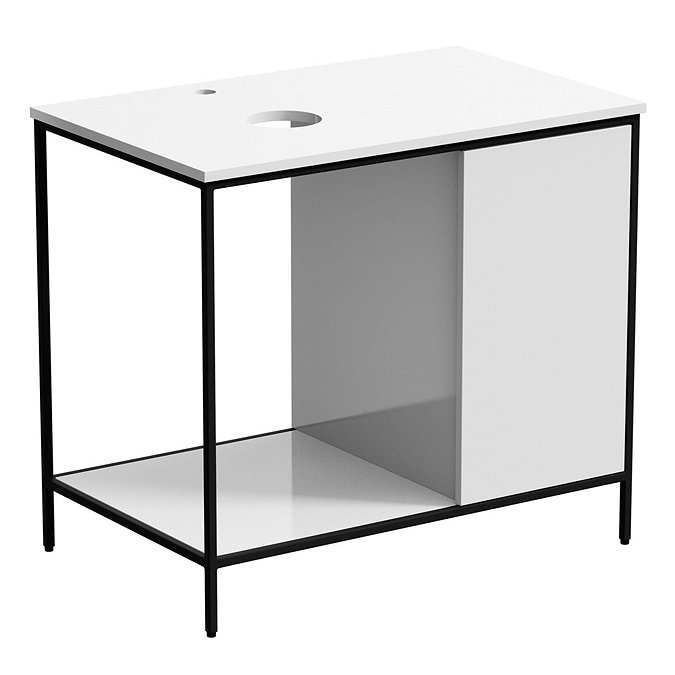 Mode Bergne 812mm White Worktop with Black Steel Framed Washstand + Slim Counter Top Basin
