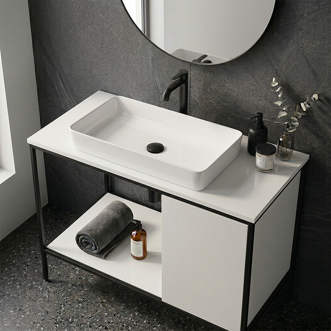 Mode Bergne 812mm White Worktop with Black Steel Framed Washstand + Slim Counter Top Basin