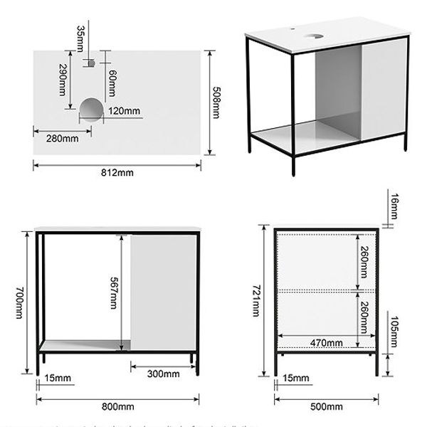 Mode Bergne 812mm White Worktop with Black Steel Framed Washstand + Slim Counter Top Basin
