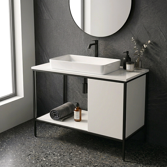 Mode Bergne 812mm White Worktop with Black Steel Framed Washstand + Slim Counter Top Basin