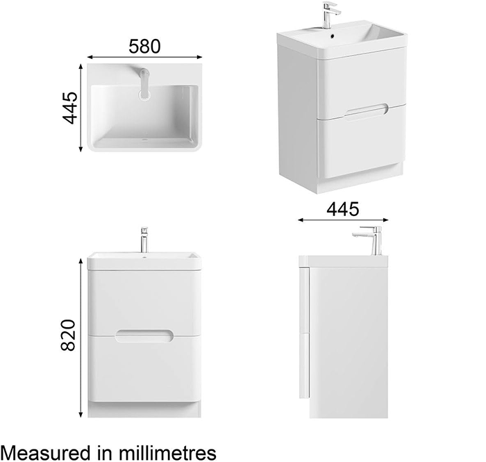 Mode Ellis White 600mm Floor Standing Vanity Drawer Unit with Resin Basin