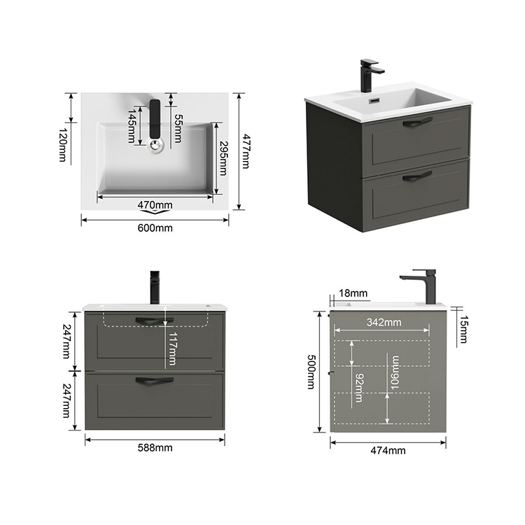 Mode Meier 600mm Grey Wall Hung Vanity Unit and Basin