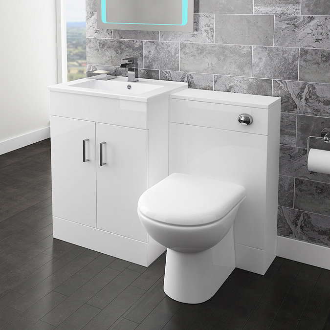 Modern 1100 Gloss White Vanity Unit Bathroom Suite with D-Shaped BTW Pan Large Image