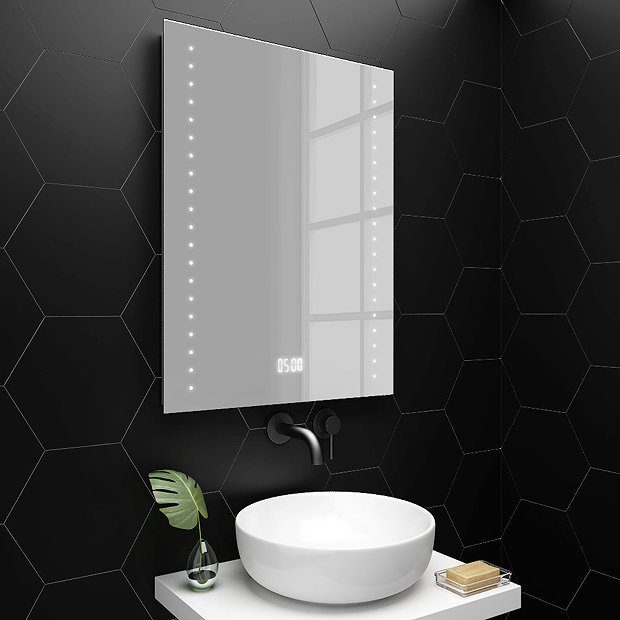 Modern 600 x 800mm LED Illuminated Bathroom Mirror incl. Digital Clock,  Anti-Fog  Shaving Socket