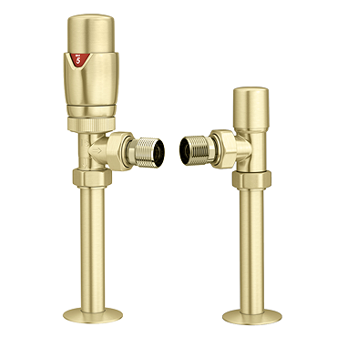 Monza Brushed Brass Angled Thermostatic Radiator Valves with Sleeving Kit - Energy Saving