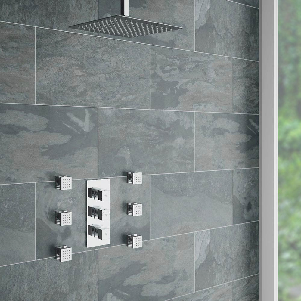 Modern Square Triple Valve, Ceiling Mounted Square Shower Head & 6 Body Jets Victorian Plumbing