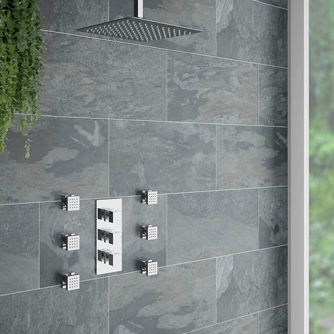 Modern Square Triple Shower Valve, Ceiling Mounted Square Shower Head & 6 Body Jets