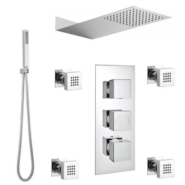 Modern Square Triple Valve with Diverter, Thin Fixed Shower Head, 4 Body Jets + Handset  In Bathroom