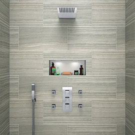 Modern Square Triple Valve with Diverter, Thin Fixed Shower Head, 4 Body Jets + Handset Medium Image