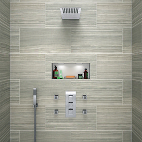 Modern Square Triple Valve with Diverter, Thin Fixed Shower Head, 4 Body Jets + Handset Large Image