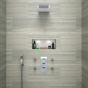 Modern Square Triple Valve with Diverter, Thin Fixed Shower Head, 4 Body Jets & Shower Handset Featu