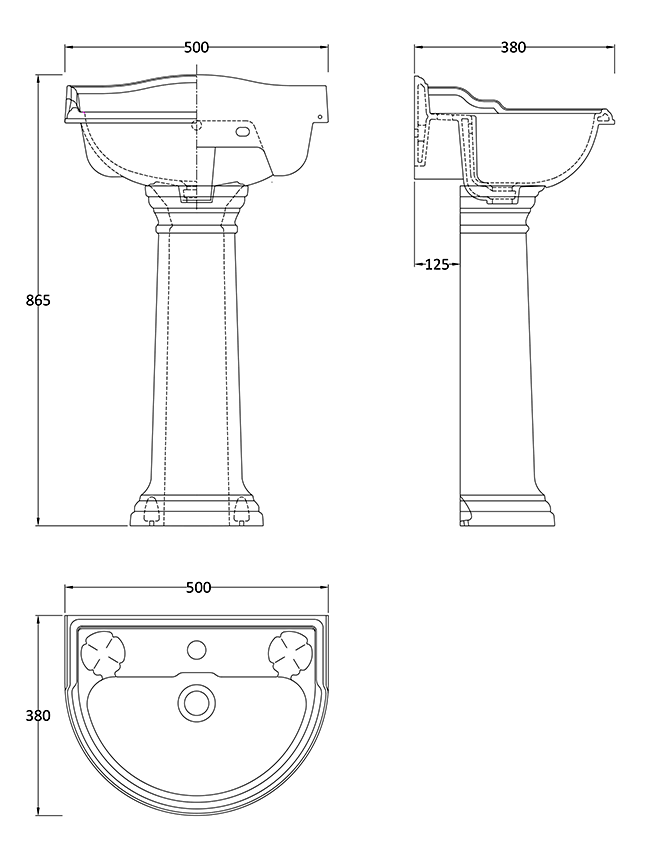 Monaco Traditional Basin with Pedestal (1 Tap Hole) 500mm