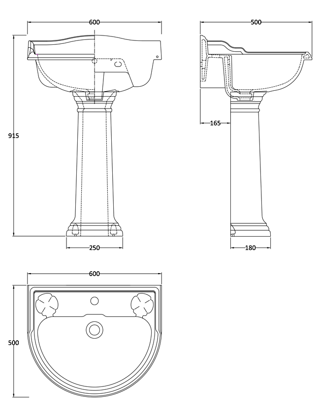 Monaco Traditional Basin with Pedestal (1 Tap Hole) 600mm