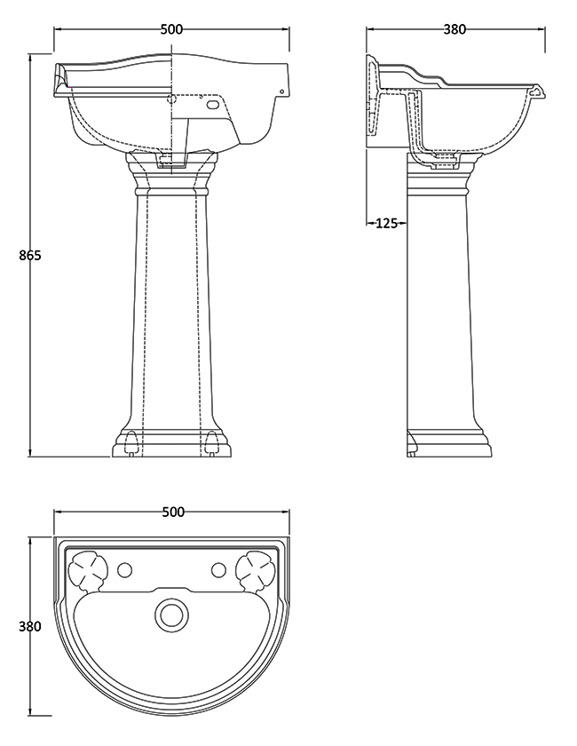 Monaco Traditional Basin with Pedestal (2 Tap Hole) 500mm Basin