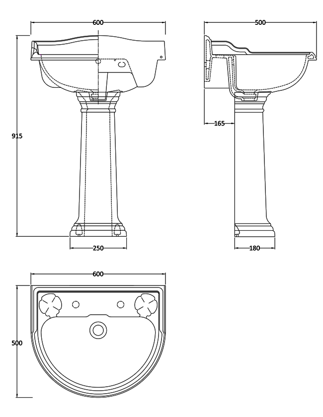 Monaco Traditional Basin with Pedestal (2 Tap Hole) 600mm Basin