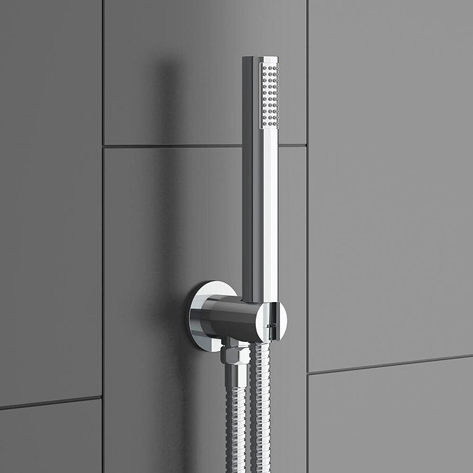 Montreal Modern Shower Package (Fixed Head, Ceiling Mounted Arm, Handset & 6 Body Jets) In Bathroom