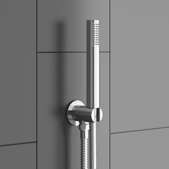 Montreal Modern Shower Package (Fixed Head, Ceiling Mounted Arm, Handset & 6 Body Jets)  In Bathroom