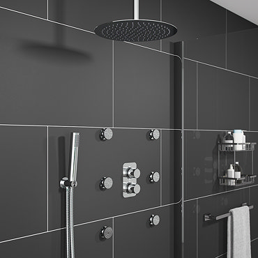 Montreal Modern Shower Package (Fixed Head, Ceiling Mounted Arm, Handset & 6 Body Jets)  Profile Lar