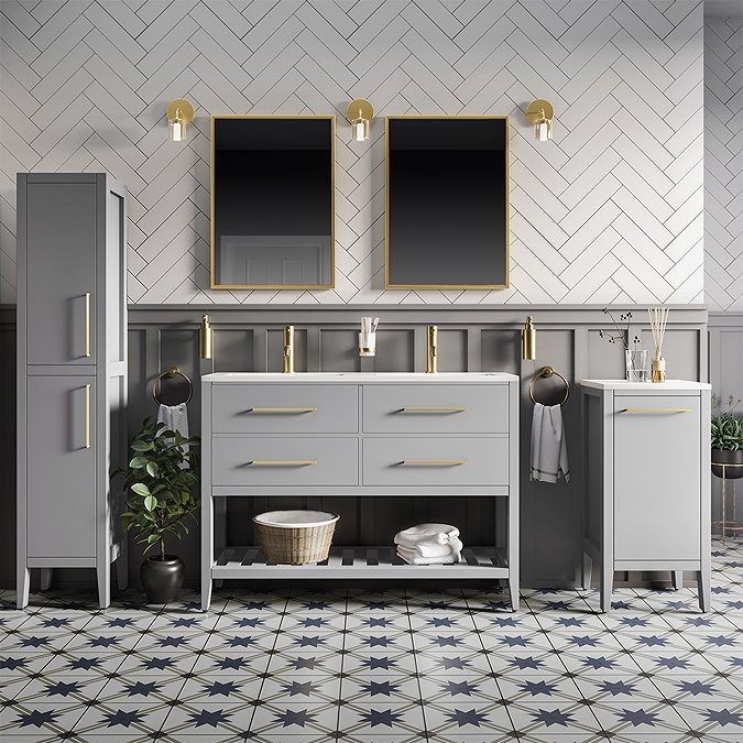 Montrose 1200mm Dove Grey Double Basin Vanity Unit with Brushed Brass Handles and Slatted Shelf