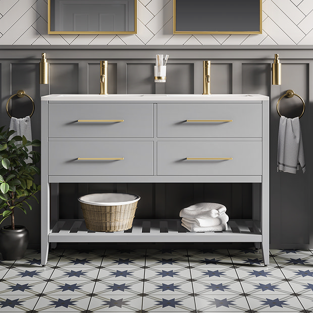 Montrose 1200mm Dove Grey Double Basin Vanity Unit with Brushed Brass Handles and Slatted Shelf