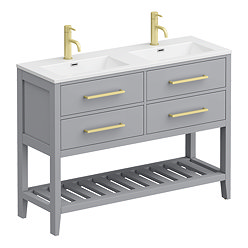 Montrose 1200mm Dove Grey Double Basin Vanity Unit with Brushed Brass Handles and Slatted Shelf