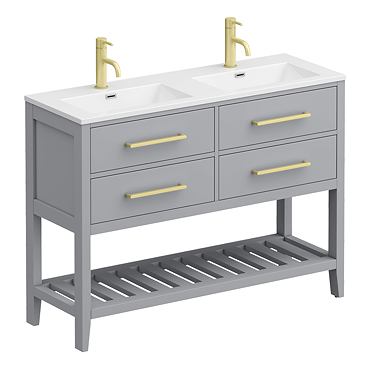  Montrose 1200mm Dove Grey Double Basin Vanity Unit with Brushed Brass Handles and Slatted Shelf