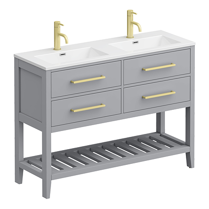 Montrose 1200mm Dove Grey Double Basin Vanity Unit with Brushed Brass Handles and Slatted Shelf