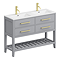 Montrose 1200mm Dove Grey Double Basin Vanity Unit with Brushed Brass Handles and Slatted Shelf