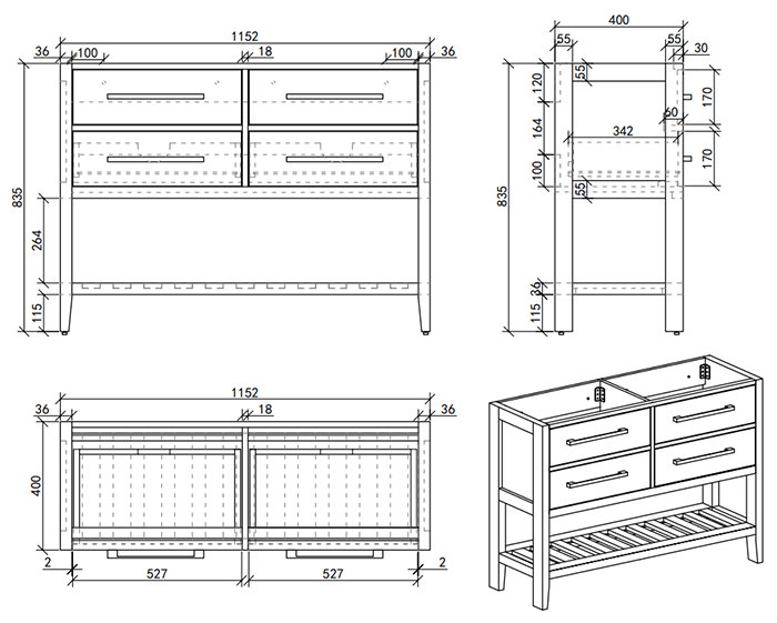 Montrose 1200mm Dove Grey Double Basin Vanity Unit with Matt Black Handles and Slatted Shelf